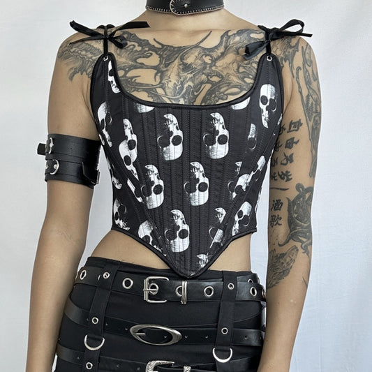 Gilet corset à nouer sur la poitrine avec imprimé tête de mort et motif punk gothique foncé pour fille épicée