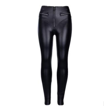 Leggings gothiques taille haute en cuir PU noir pour femmes, jeggings d'entraînement à fermeture éclair sur le devant 