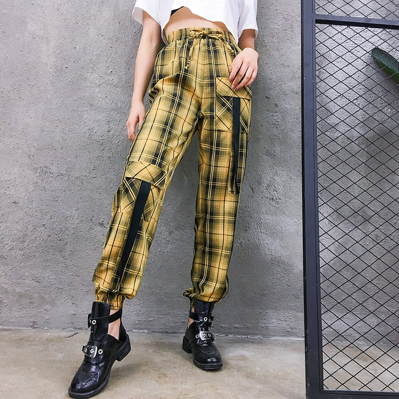 Street Style Plaid Cargo Pants Women Elastic High Waist Baggy Jogger Pants Pockets Womens Hippie Trousers Streetwear