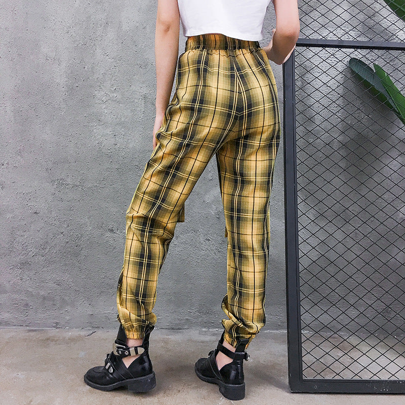 Street Style Plaid Cargo Pants Women Elastic High Waist Baggy Jogger Pants Pockets Womens Hippie Trousers Streetwear