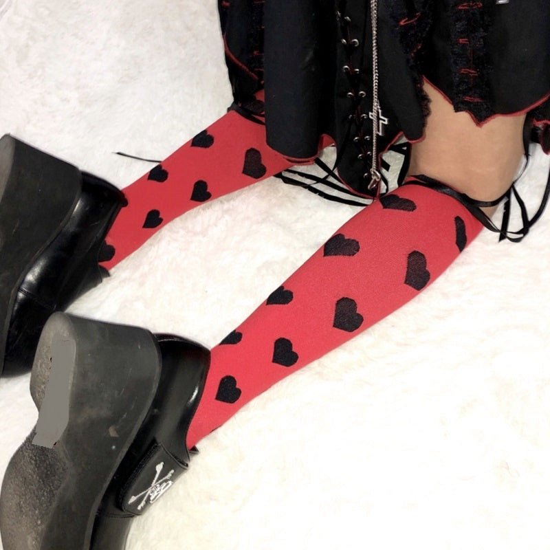 Streetwear Women Harajuku Punk Black Red Polka Dot   Love Heart Slim Cotton Long Socks Gothic Lolita