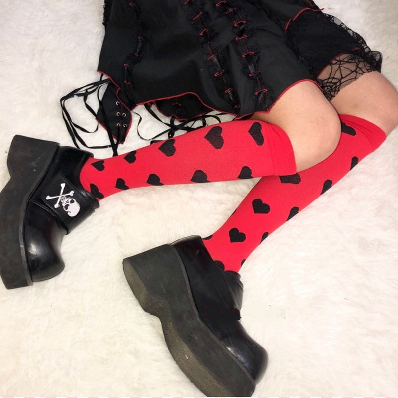 Streetwear Women Harajuku Punk Black Red Polka Dot   Love Heart Slim Cotton Long Socks Gothic Lolita