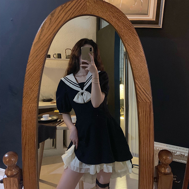 Lolita College Wind Waist Slimming Dress Short Little Sailor Jk Dress Retro Fairy Skirt