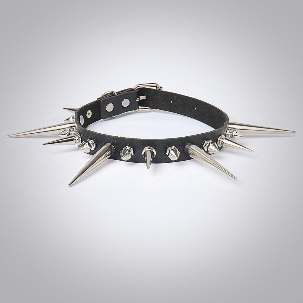 Punk Gothic Long And Short Rivet Spike Leather Collar Leather Necklace