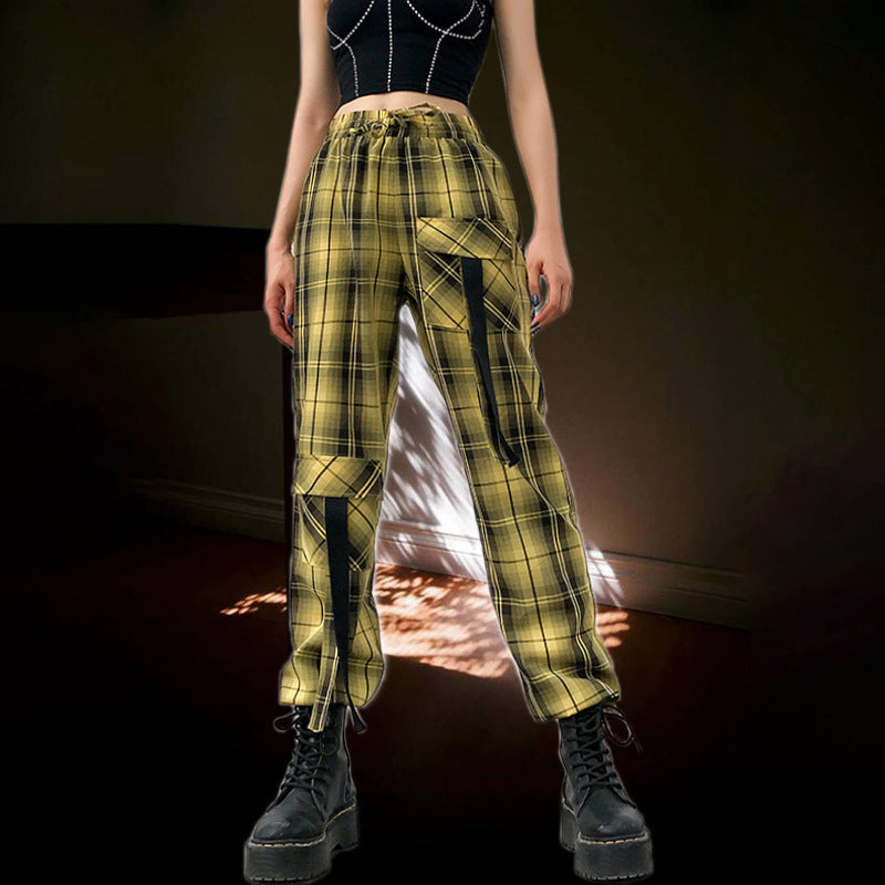 Street Style Plaid Cargo Pants Women Elastic High Waist Baggy Jogger Pants Pockets Womens Hippie Trousers Streetwear