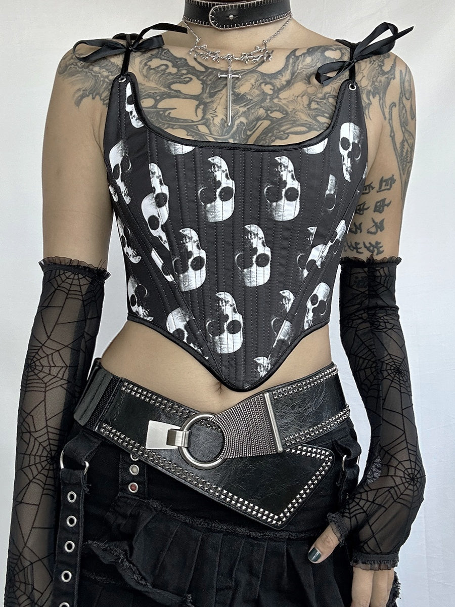 Gilet corset à nouer sur la poitrine avec imprimé tête de mort et motif punk gothique foncé pour fille épicée