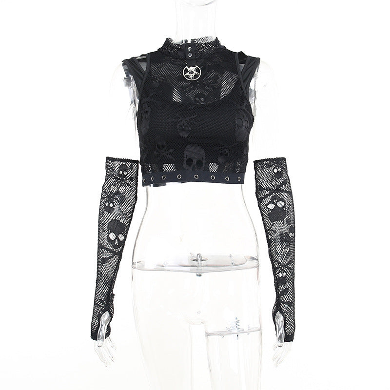 Skull Mesh Sleeve Lace See-through Gothic Vest Two-piece