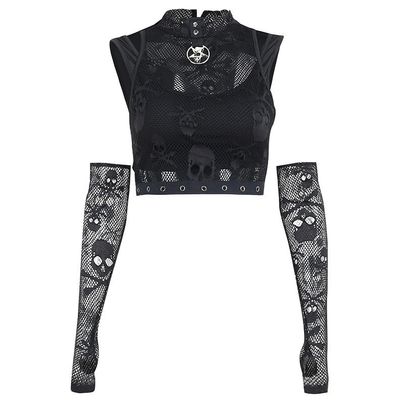 Skull Mesh Sleeve Lace See-through Gothic Vest Two-piece