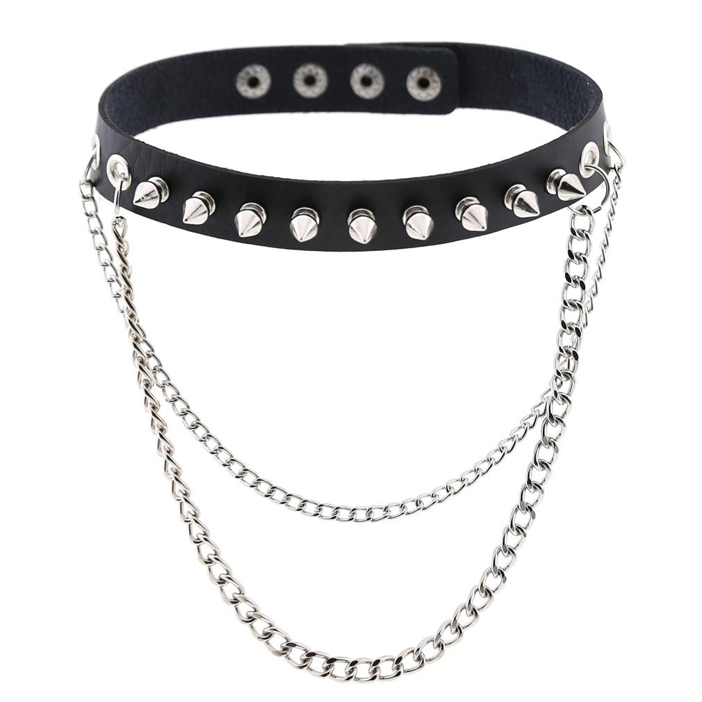 Punk Rock Gothic Rivet Spike Leather Chyer Necklace Personality Fashion Street Shooting Metal Chain Neckband Clavicle Chain