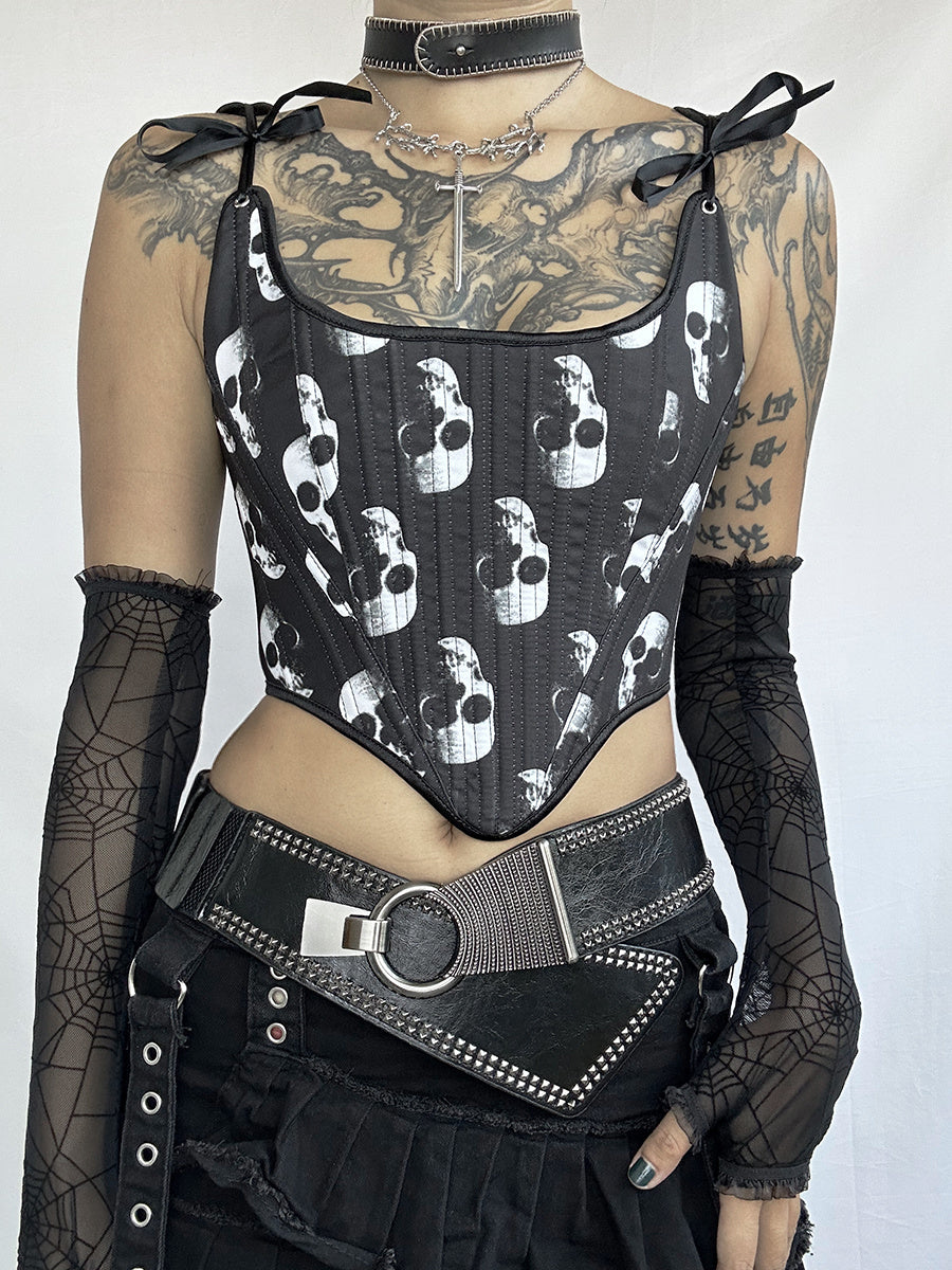 Gilet corset à nouer sur la poitrine avec imprimé tête de mort et motif punk gothique foncé pour fille épicée