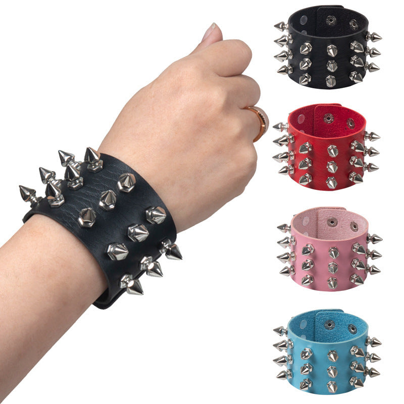 Bracelet Punk à rivets pointus exagérés Bracelet en cuir gothique