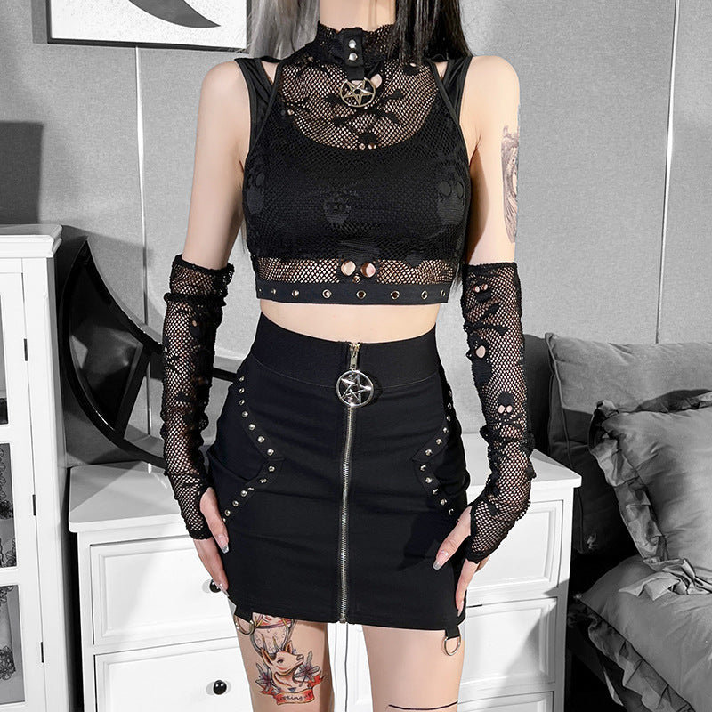 Skull Mesh Sleeve Lace See-through Gothic Vest Two-piece