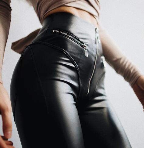 Leggings gothiques taille haute en cuir PU noir pour femmes, jeggings d'entraînement à fermeture éclair sur le devant 