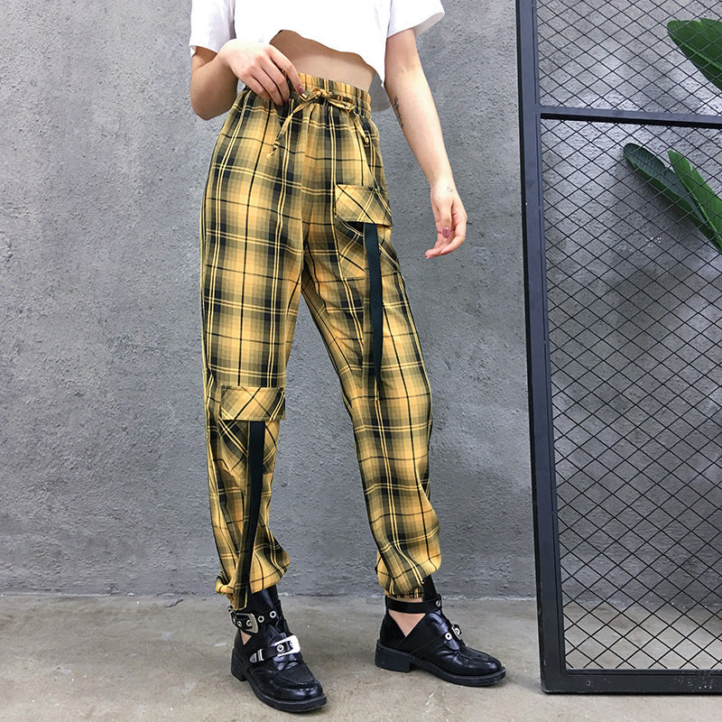 Street Style Plaid Cargo Pants Women Elastic High Waist Baggy Jogger Pants Pockets Womens Hippie Trousers Streetwear