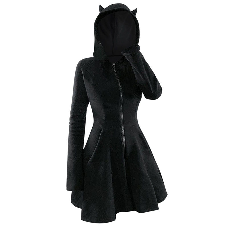 Patchwork Gothic Style Hooded Long Sleeve Pleuche Cat Ear Dress