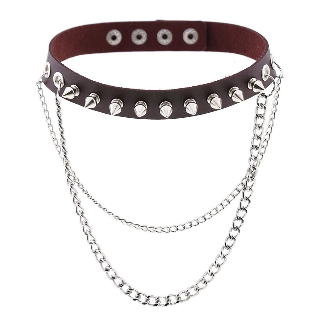 Punk Rock Gothic Rivet Spike Leather Chyer Necklace Personality Fashion Street Shooting Metal Chain Neckband Clavicle Chain