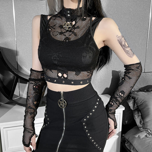 Skull Mesh Sleeve Lace See-through Gothic Vest Two-piece