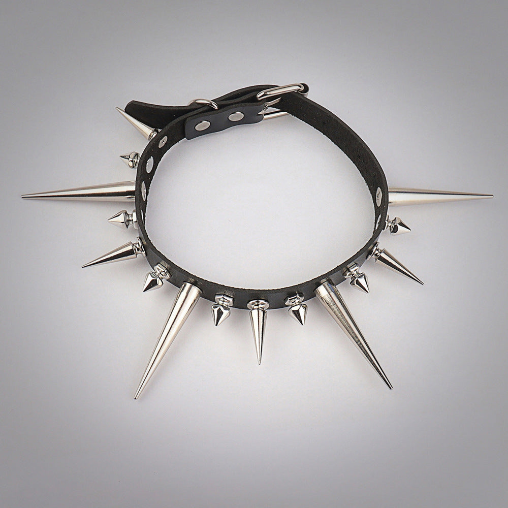 Punk Gothic Long And Short Rivet Spike Leather Collar Leather Necklace