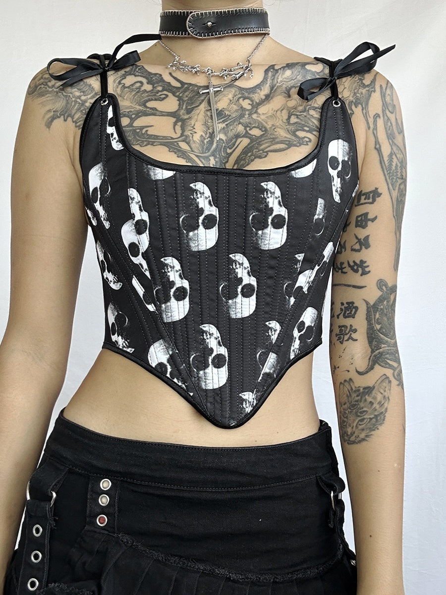 Gilet corset à nouer sur la poitrine avec imprimé tête de mort et motif punk gothique foncé pour fille épicée