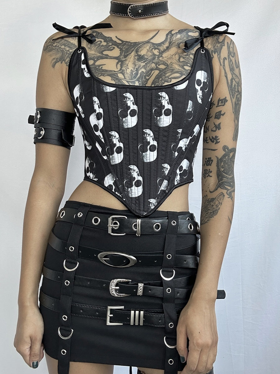 Gilet corset à nouer sur la poitrine avec imprimé tête de mort et motif punk gothique foncé pour fille épicée