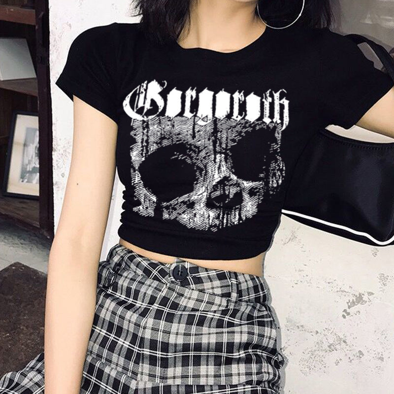 Vintage Short Sleeve T-shirt 90s Gothic Harajuku Print Pattern Croptop Skeleton Skull  Female Top