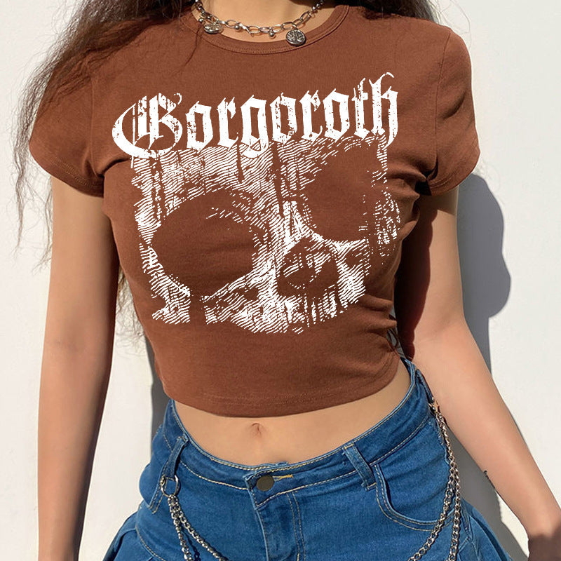 Vintage Short Sleeve T-shirt 90s Gothic Harajuku Print Pattern Croptop Skeleton Skull  Female Top